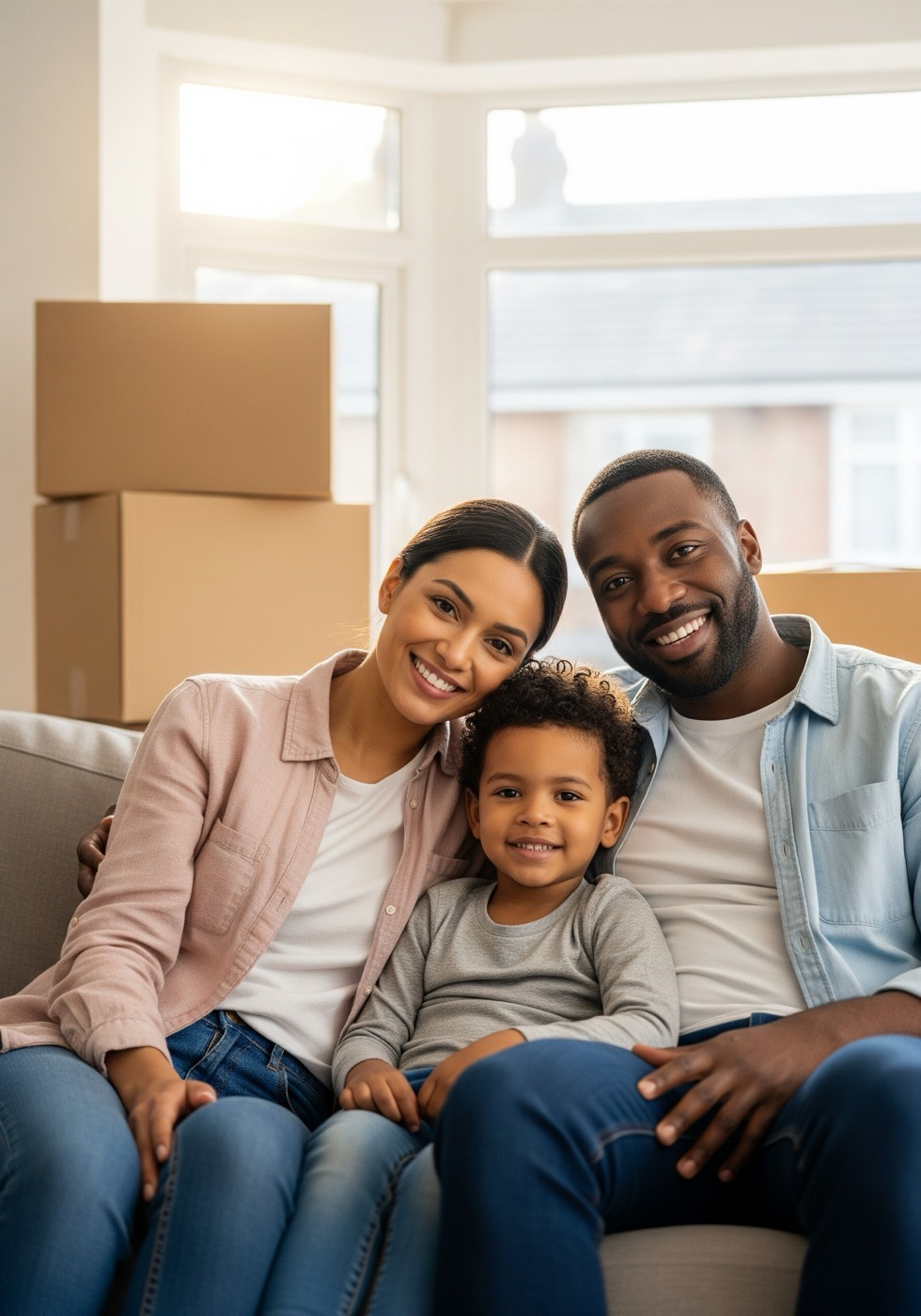 A family in the living room of their new home